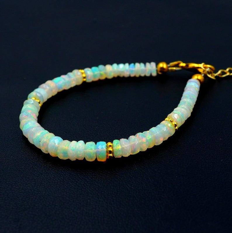 Natural Ethiopian Opal Beads Bracelet, Multi Fire Roundel, Natural Gemstone Jewelry