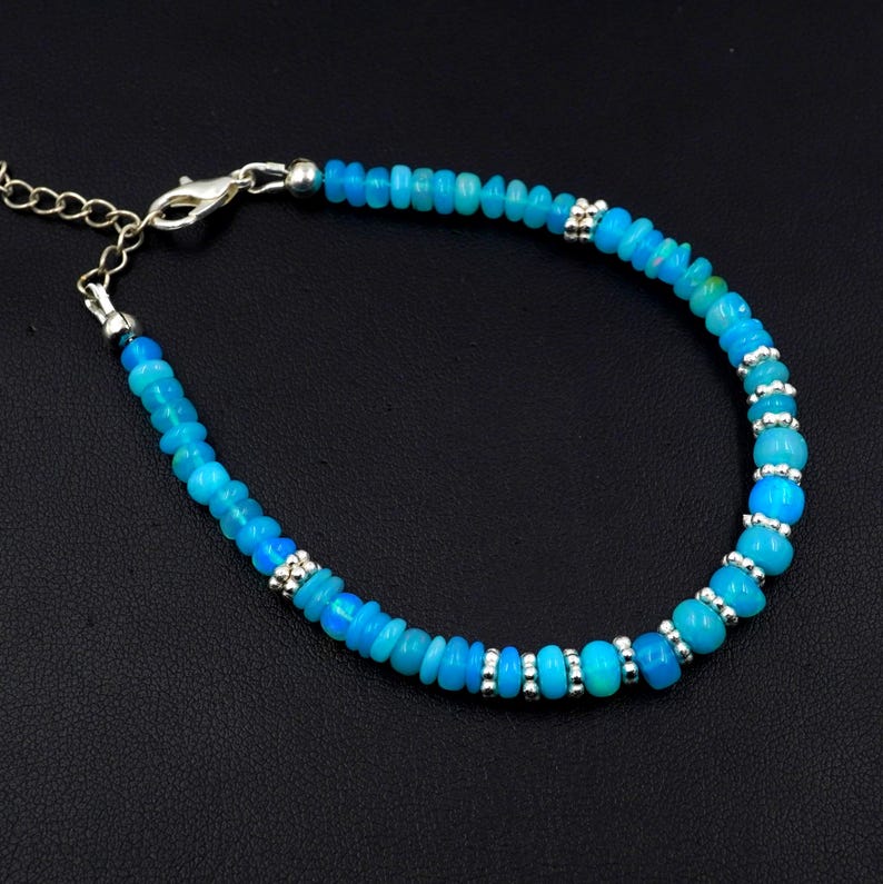 Natural Blue Ethiopian Opal Beads Silver Bracelet, Roundel, Multi Fire Gemstone Jewelry
