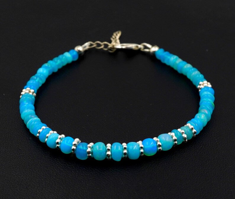 Natural Blue Ethiopian Opal Beads Silver Bracelet, Roundel, Multi Fire Gemstone Jewelry