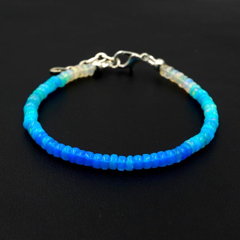 Natural Ethiopian Opal Beads Bracelet, Blue White Roundel Gemstone Jewelry