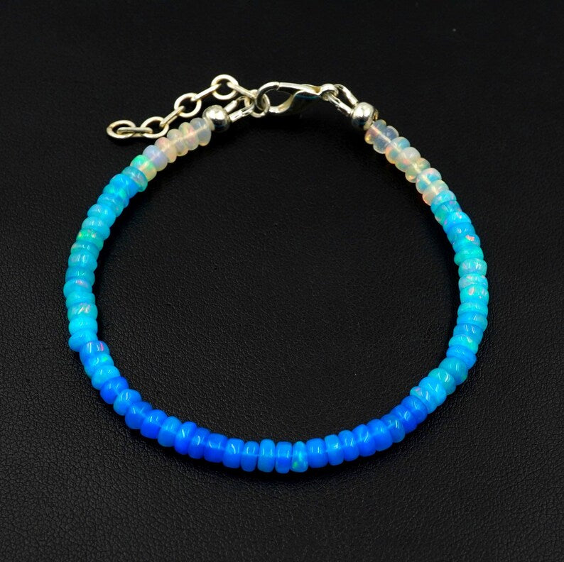 Natural Ethiopian Opal Beads Bracelet, Blue White Roundel Gemstone Jewelry