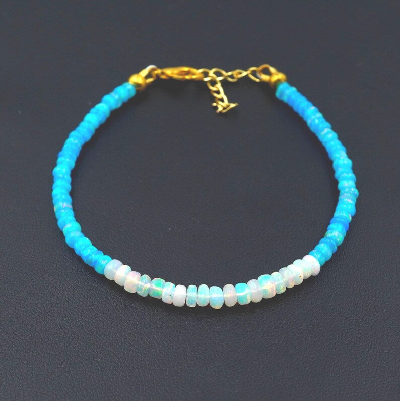 Natural Ethiopian Opal Beaded Bracelet | Blue White Fire Gemstone, October Birthstone