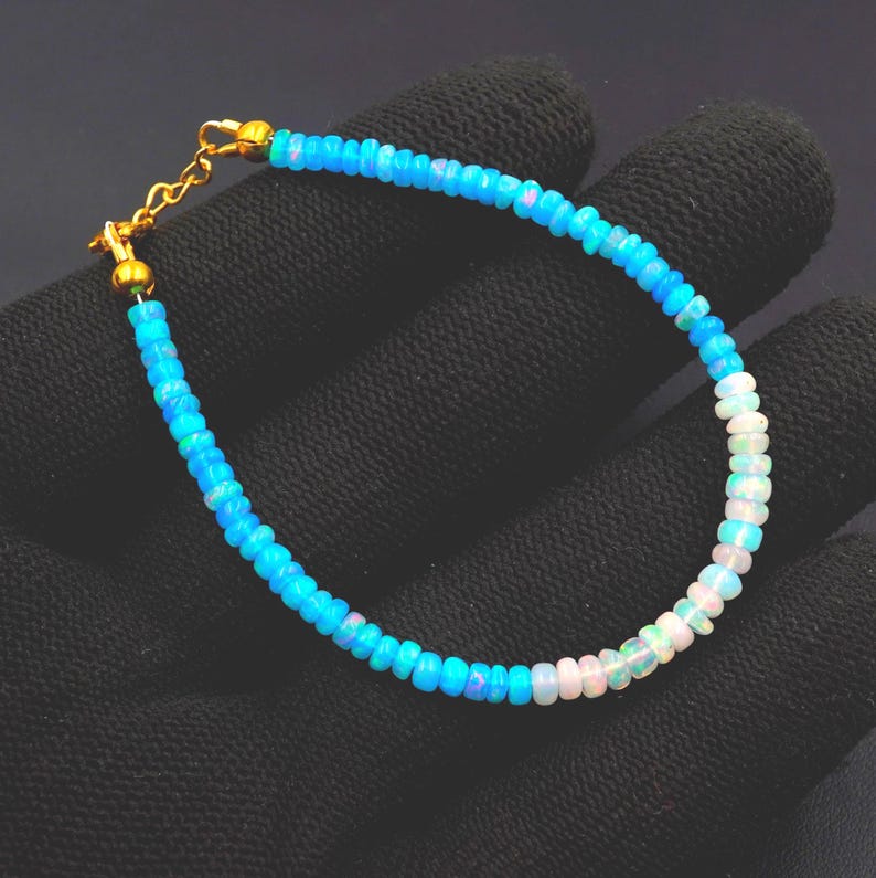 Natural Ethiopian Opal Beaded Bracelet | Blue White Fire Gemstone, October Birthstone