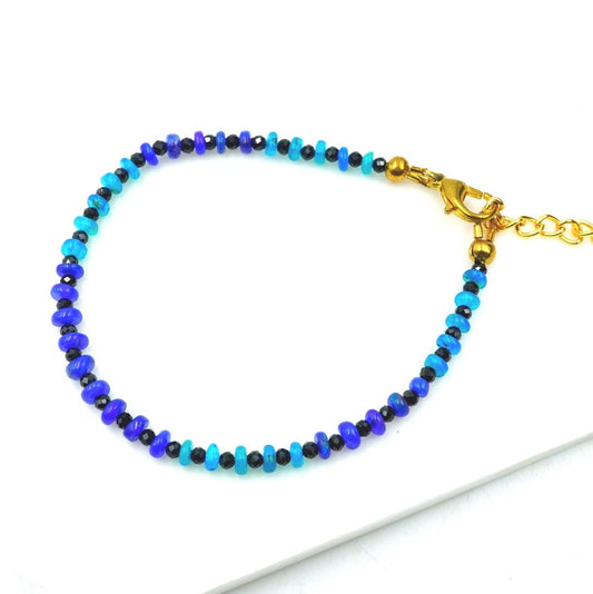 Natural Blue Ethiopia Beaded n Opal Bracelet with Black Onyx | October Birthstone Jewelry