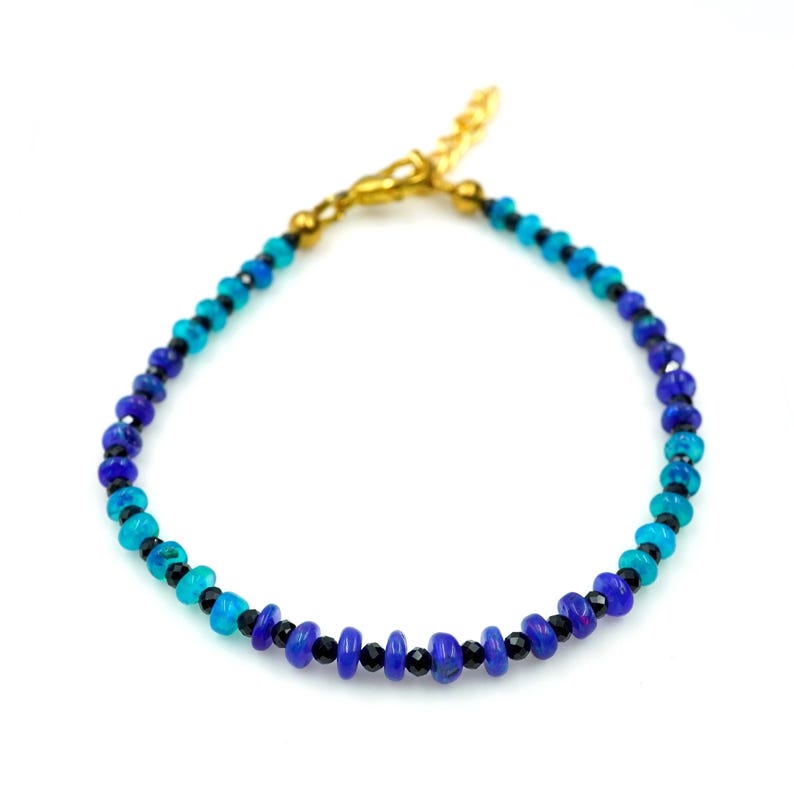 Natural Blue Ethiopia Beaded n Opal Bracelet with Black Onyx | October Birthstone Jewelry