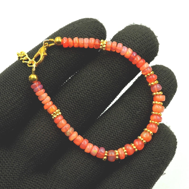 Natural Orange Ethiopian Opal Beaded Bracelet | AAA Multi Fire Gemstone, October Birthstone Jewelry