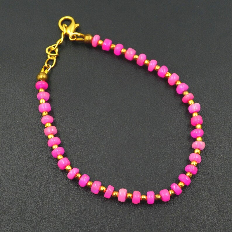 Pink Ethiopian Opal Roundel Beads Bracelet, Natural Multi Fire Opal, Adjustable 5-9 Inch