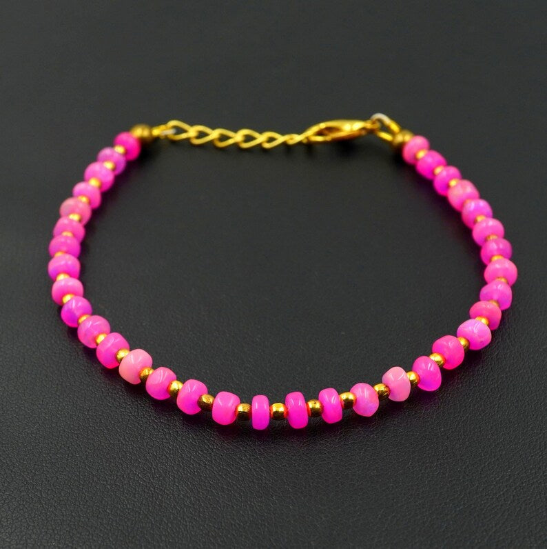 Pink Ethiopian Opal Roundel Beads Bracelet, Natural Multi Fire Opal, Adjustable 5-9 Inch