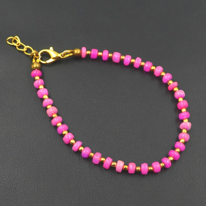 Pink Ethiopian Opal Roundel Beads Bracelet, Natural Multi Fire Opal, Adjustable 5-9 Inch