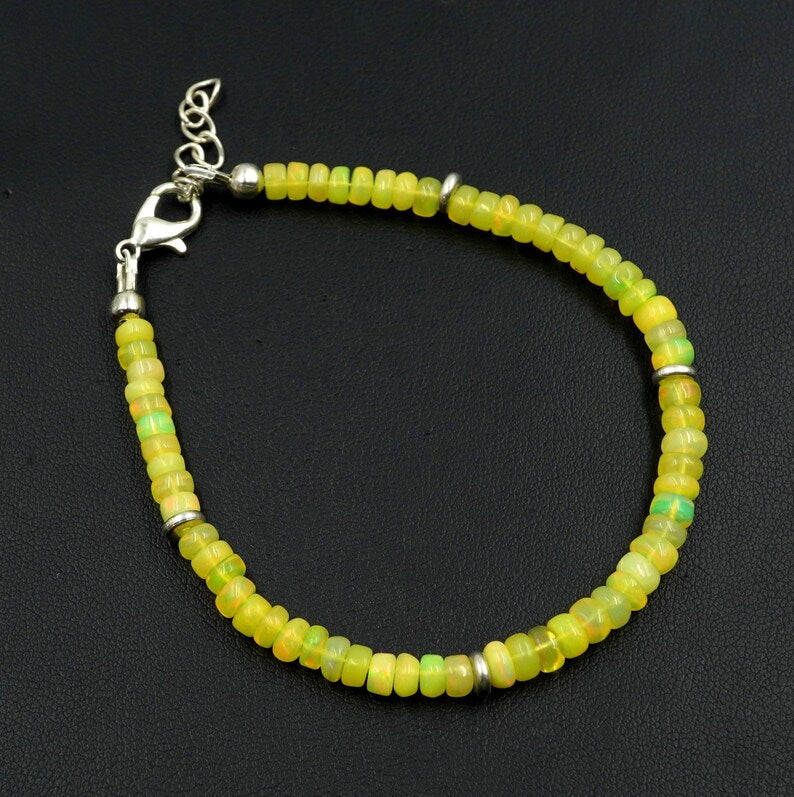 Natural Yellow Ethiopian Opal Roundel Beads Silver Bracelet, Multi Fire Opal Gemstone Jewelry