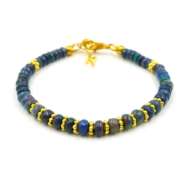 Natural Multi Fire Black Opal Cabochon Bracelet, Gold Accent Beads, Ethiopian Opal Jewelry