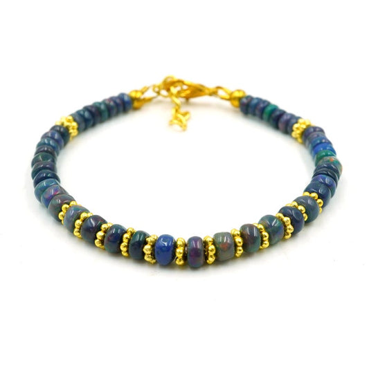 Natural Multi Fire Black Opal Cabochon Bracelet, Gold Accent Beads, Ethiopian Opal Jewelry