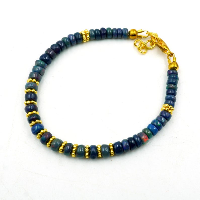 Natural Multi Fire Black Opal Cabochon Bracelet, Gold Accent Beads, Ethiopian Opal Jewelry