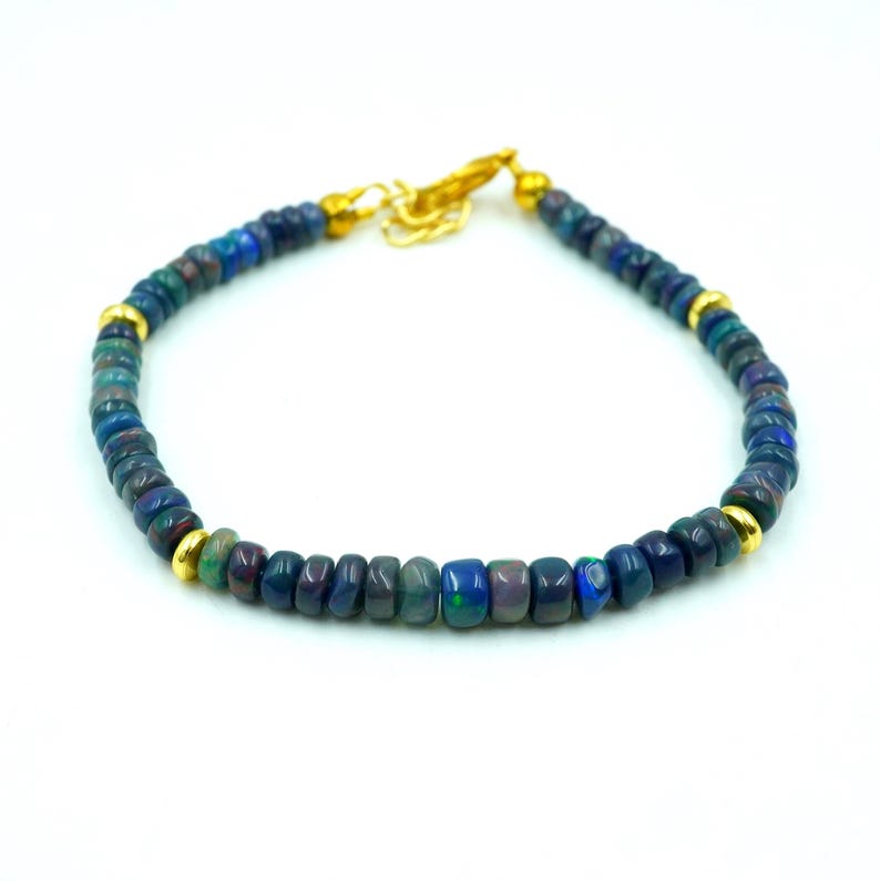 Natural Black Ethiopian Opal Multi Fire Cabochon Bracelet, Gold Accent Beads, Opal Jewelry