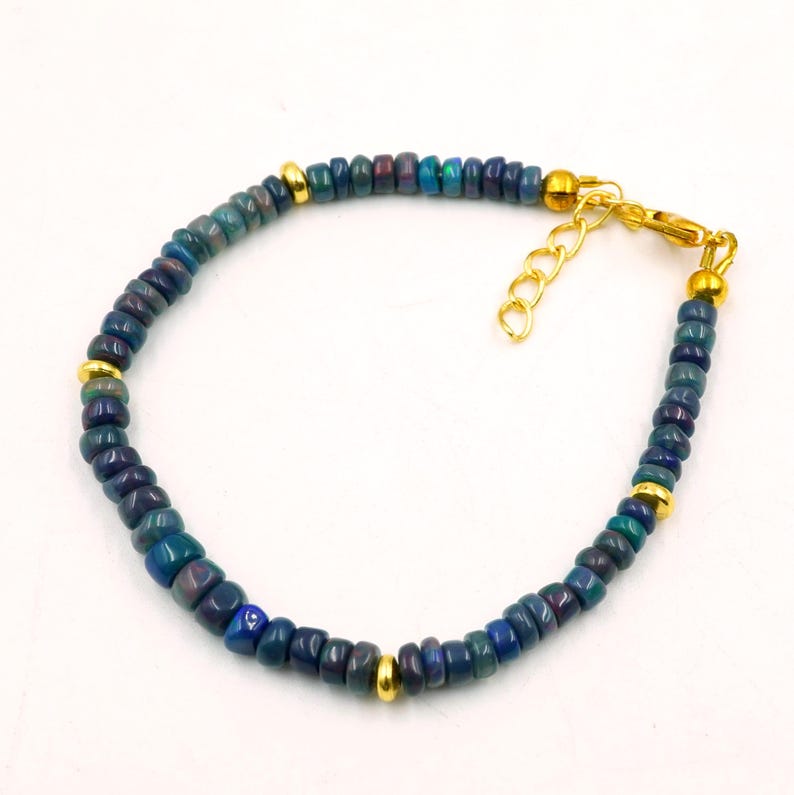 Natural Black Ethiopian Opal Multi Fire Cabochon Bracelet, Gold Accent Beads, Opal Jewelry