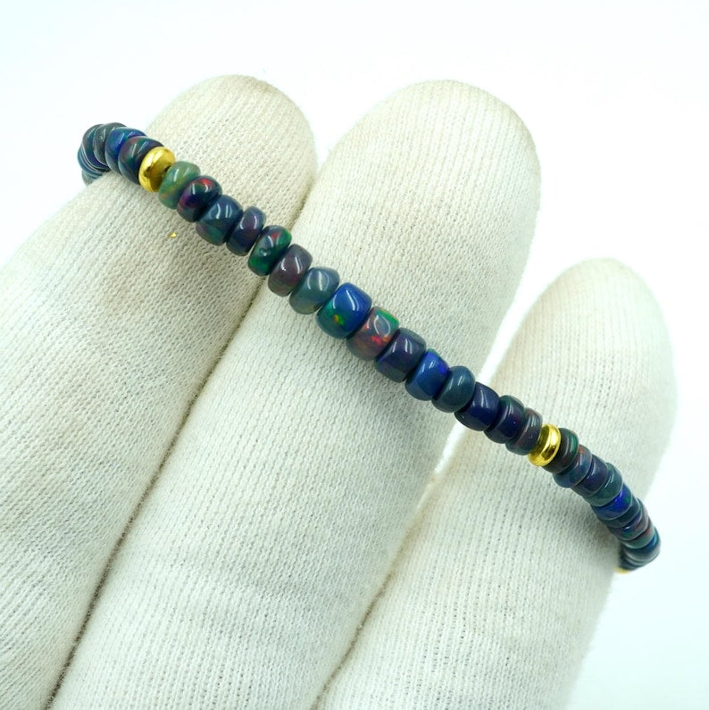 Natural Black Ethiopian Opal Multi Fire Cabochon Bracelet, Gold Accent Beads, Opal Jewelry