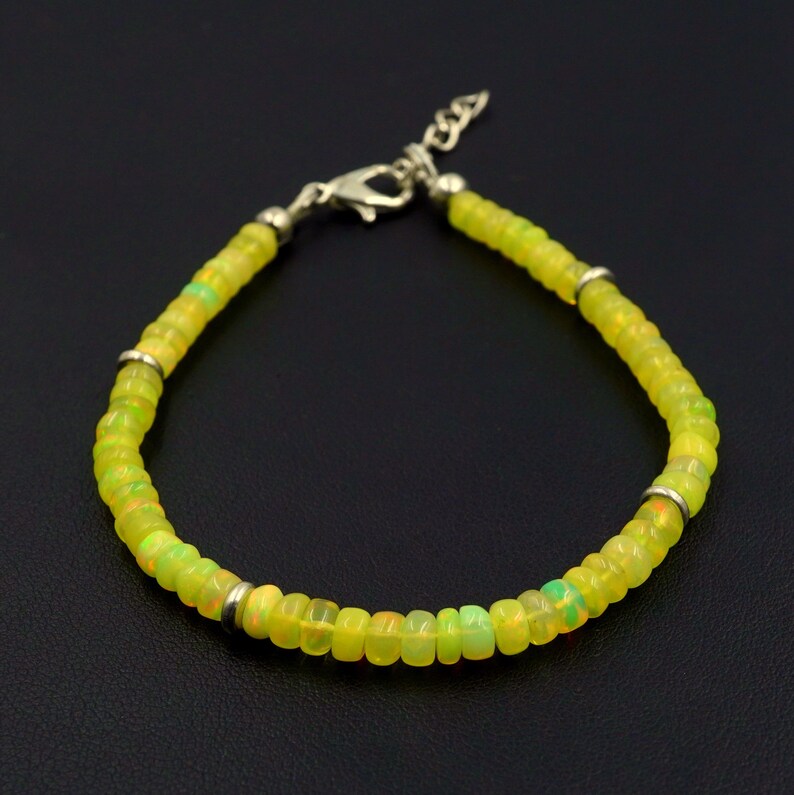 Natural Yellow Ethiopian Opal Roundel Beads Silver Bracelet, Multi Fire Opal Gemstone Jewelry