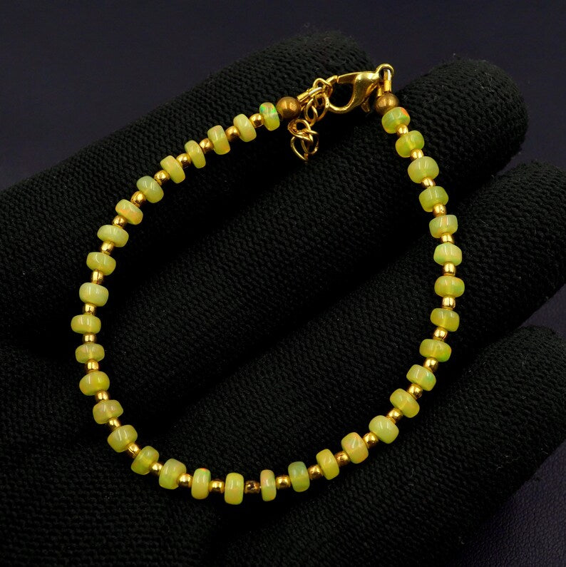 Natural Yellow Opal Roundel Beads Bracelet, Ethiopian Multi Fire Opal Gemstone Jewelry
