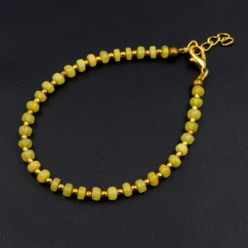 Natural Yellow Opal Roundel Beads Bracelet, Ethiopian Multi Fire Opal Gemstone Jewelry