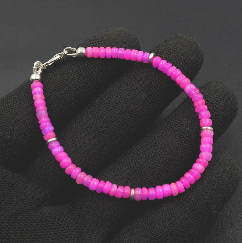 Natural Pink Ethiopian Opal Beads Bracelet, Roundel Multi Fire Gemstone Gift