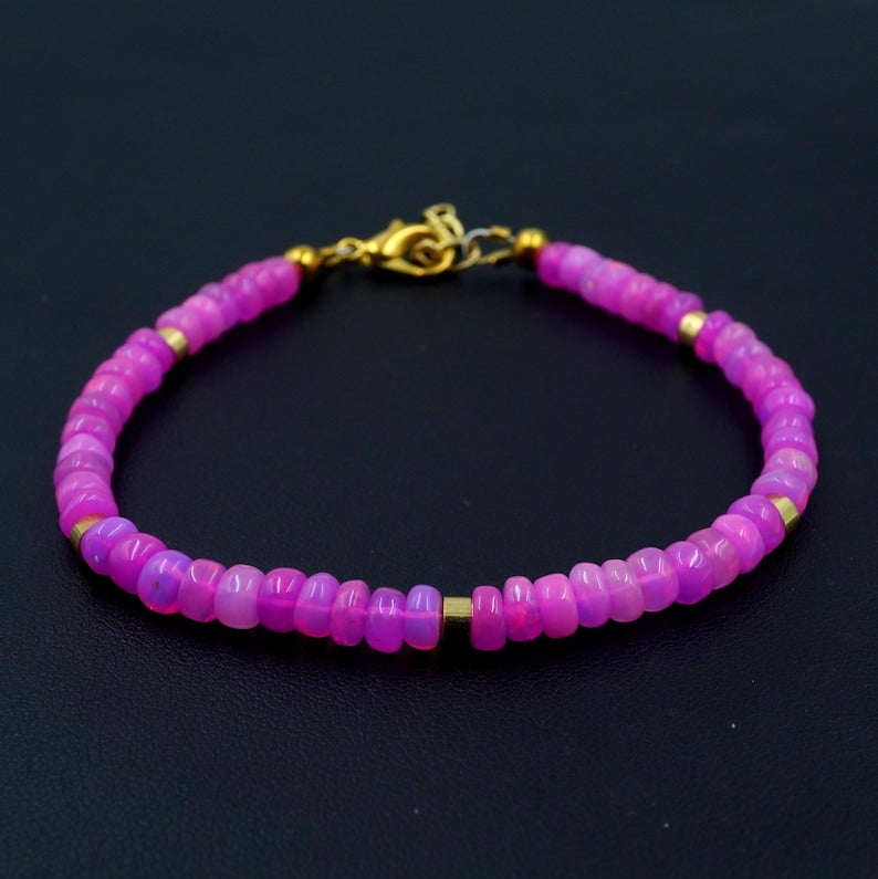 Natural Pink Opal Roundel Beads Bracelet, Ethiopian Multi Fire Gemstone Gift
