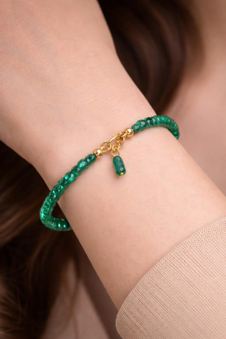 Natural Emerald Beaded Bracelet • Faceted Green Gemstone May Birthstone Jewelry