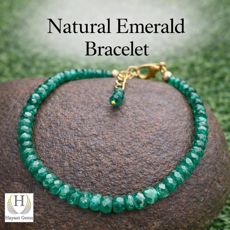 Natural Emerald Beaded Bracelet • Faceted Green Gemstone May Birthstone Jewelry