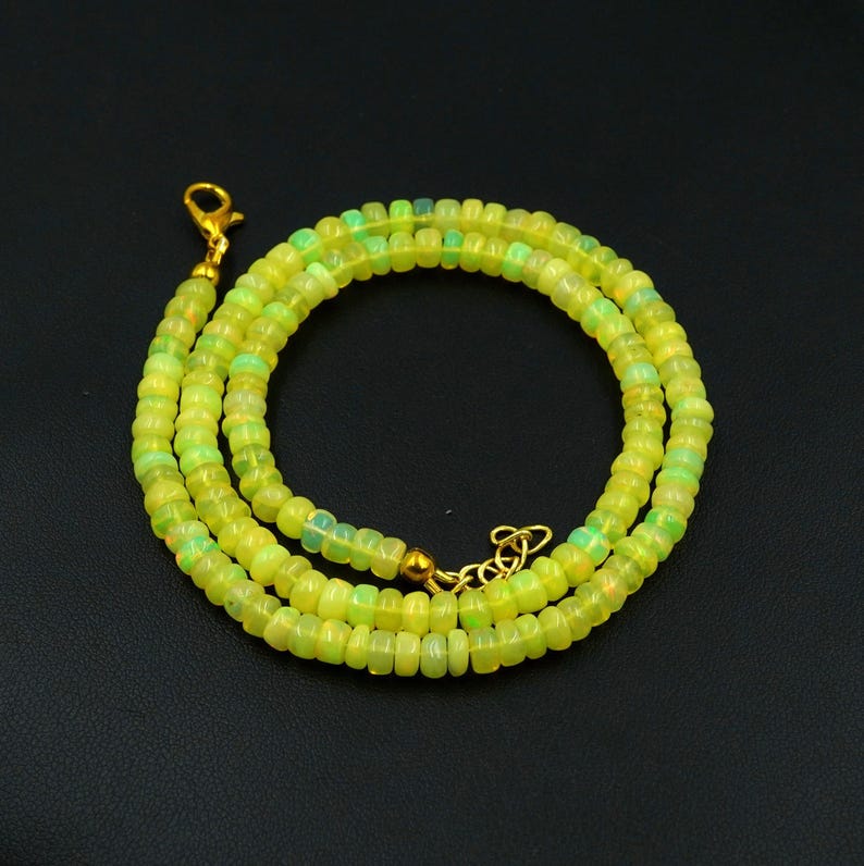 Natural Yellow Ethiopian Opal Roundel Beads Necklace, Multi Fire Opal Gemstone Gift For Her