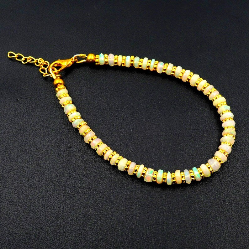 Natural Rainbow Multi Fire Ethiopian Opal Roundel Beads , Gold Opal Bracelet Gift For Her