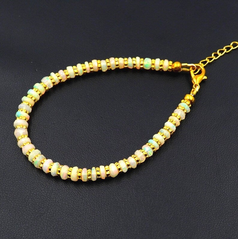 Natural Rainbow Multi Fire Ethiopian Opal Roundel Beads , Gold Opal Bracelet Gift For Her