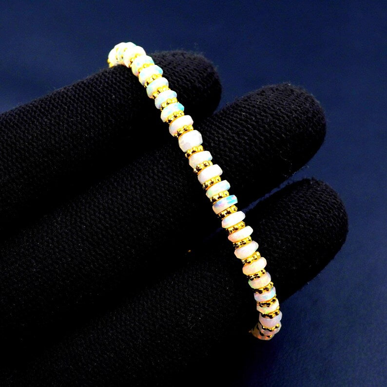Natural Rainbow Multi Fire Ethiopian Opal Roundel Beads , Gold Opal Bracelet Gift For Her
