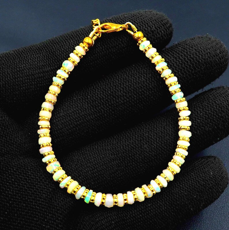 Natural Rainbow Multi Fire Ethiopian Opal Roundel Beads , Gold Opal Bracelet Gift For Her