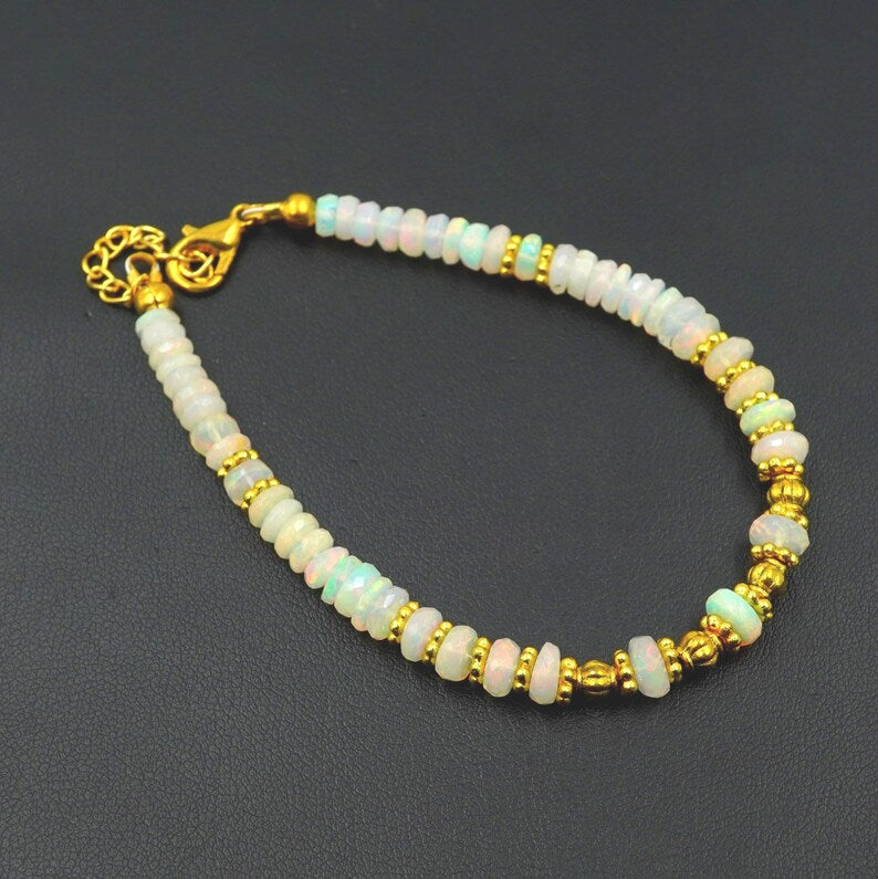 Rainbow Multi Fire Opal Roundel Beads , Gold Natural Ethiopian Opal Bracelet Gift For Her