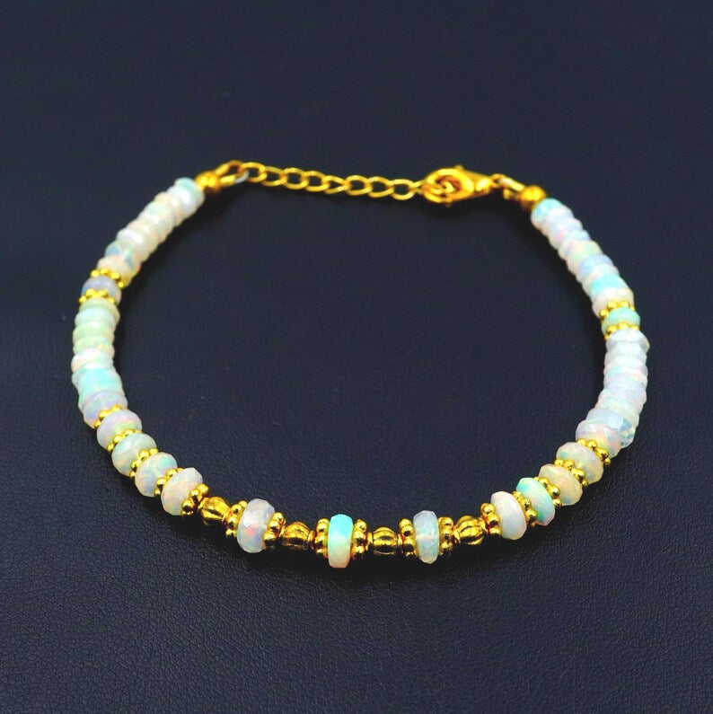 Rainbow Multi Fire Opal Roundel Beads , Gold Natural Ethiopian Opal Bracelet Gift For Her