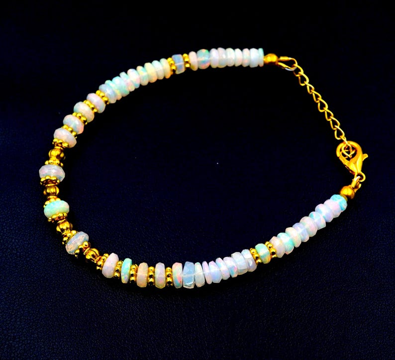Rainbow Multi Fire Opal Roundel Beads , Gold Natural Ethiopian Opal Bracelet Gift For Her