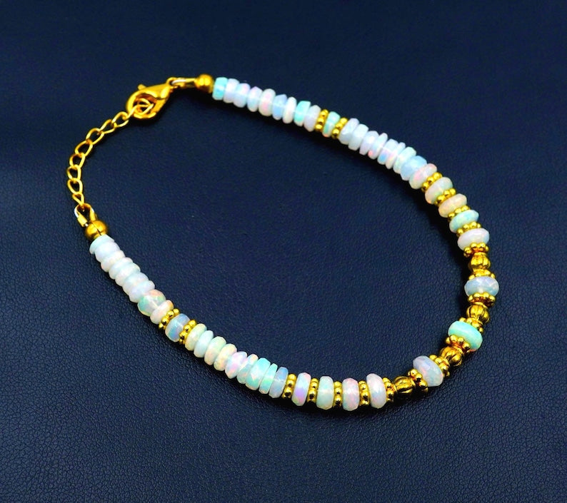 Rainbow Multi Fire Opal Roundel Beads , Gold Natural Ethiopian Opal Bracelet Gift For Her