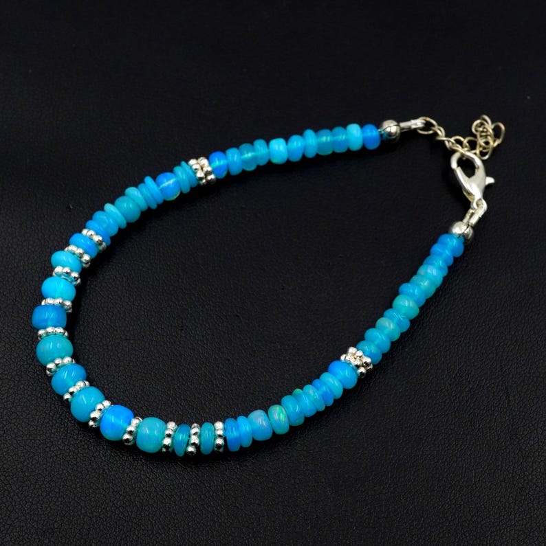 Natural Blue Ethiopian Opal Beads Silver Bracelet, Roundel, Multi Fire Gemstone Jewelry