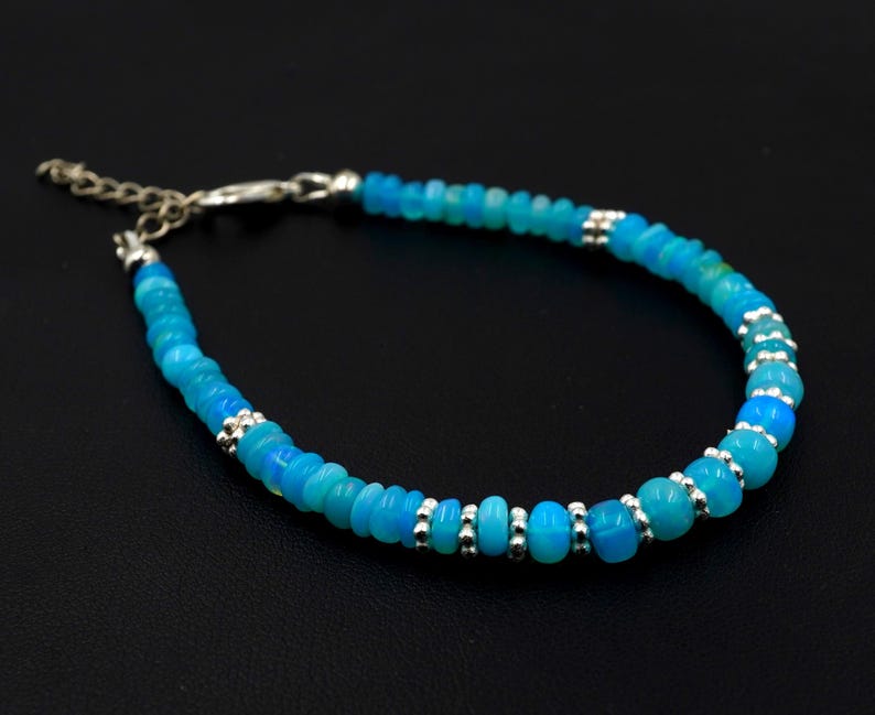 Natural Blue Ethiopian Opal Beads Silver Bracelet, Roundel, Multi Fire Gemstone Jewelry