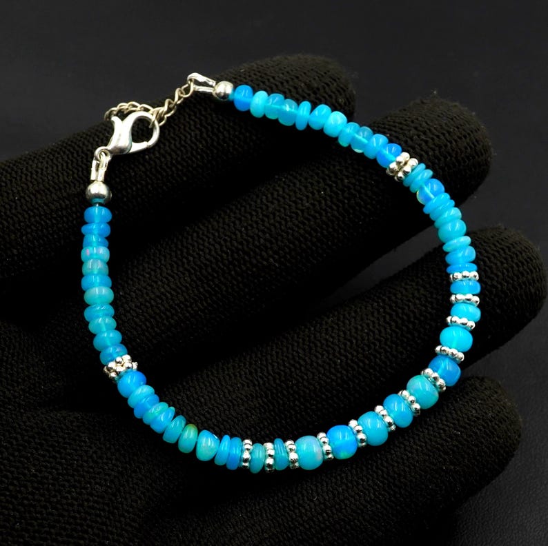 Natural Blue Ethiopian Opal Beads Silver Bracelet, Roundel, Multi Fire Gemstone Jewelry