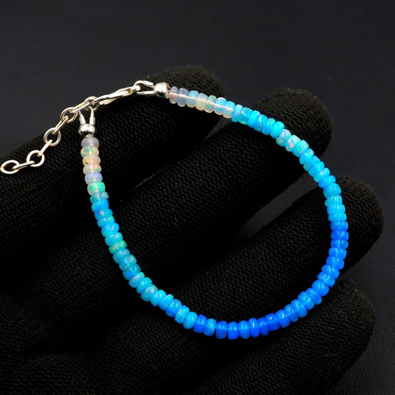 Natural Ethiopian Opal Beads Bracelet, Blue White Roundel Gemstone Jewelry