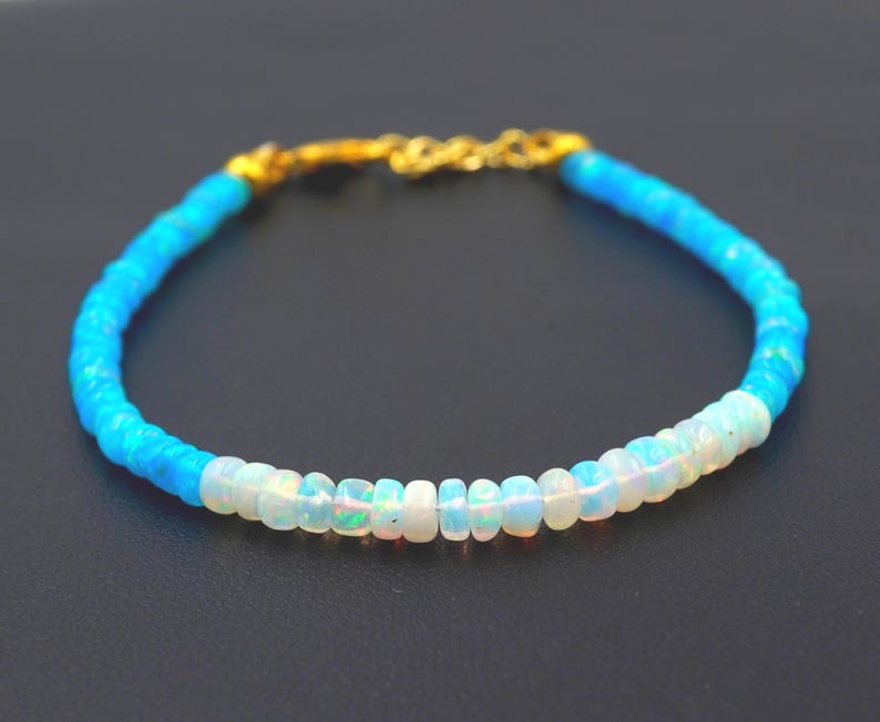 Natural Ethiopian Opal Beaded Bracelet | Blue White Fire Gemstone, October Birthstone