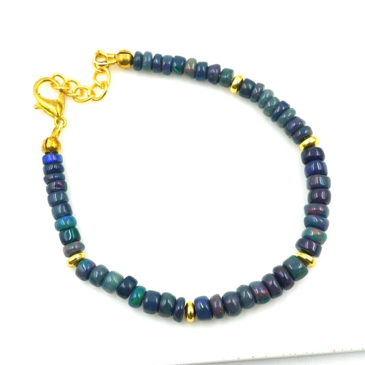 Black Opal Multi Fire Cabochon Beads Bracelet Gold & Silver Beads Gift For Her