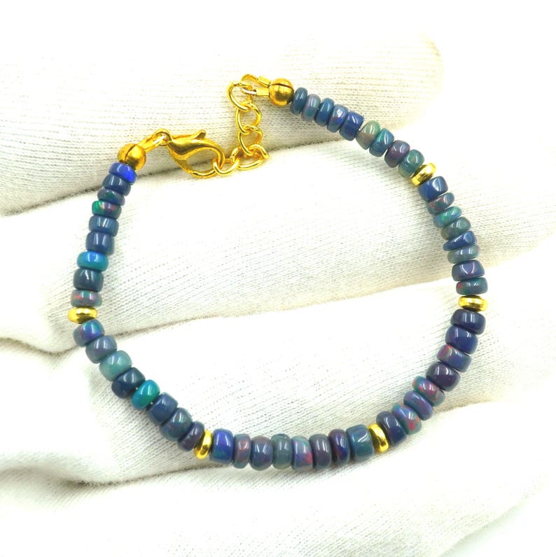 Black Opal Multi Fire Cabochon Beads Bracelet Gold & Silver Beads Gift For Her