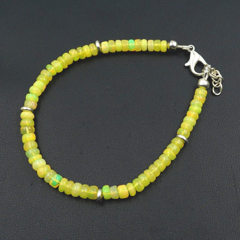 Natural Yellow Ethiopian Opal Roundel Beads Silver Bracelet, Multi Fire Opal Gemstone Jewelry