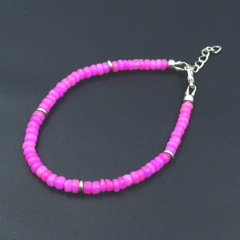 Natural Pink Ethiopian Opal Beads Bracelet, Roundel Multi Fire Gemstone Gift