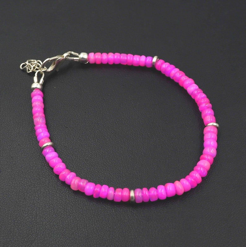 Natural Pink Ethiopian Opal Beads Bracelet, Roundel Multi Fire Gemstone Gift