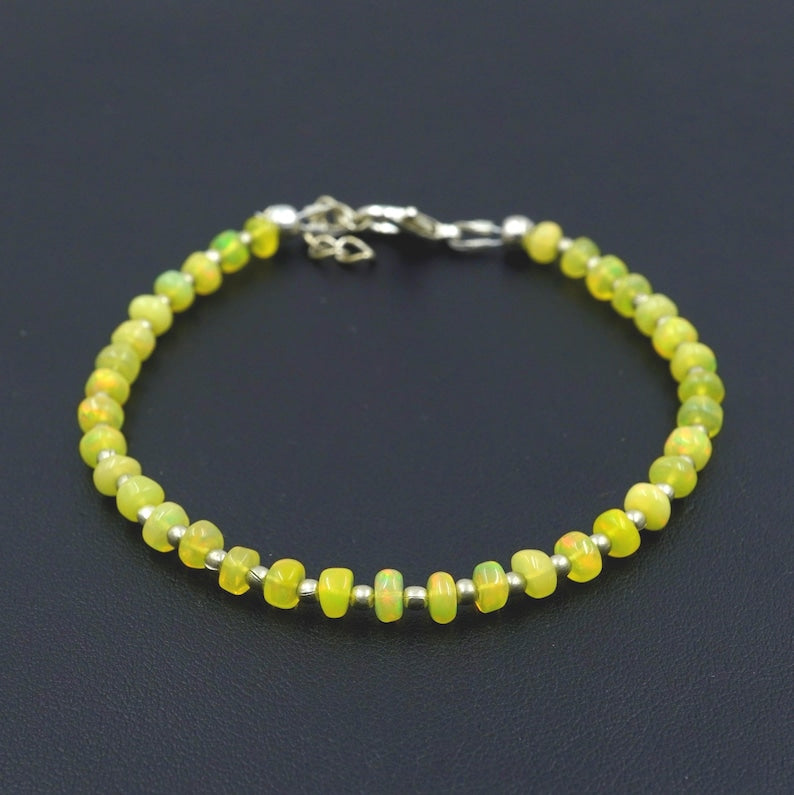 Yellow Opal Roundel Beads Bracelet, Natural Ethiopian Multi Fire Opal Gemstone Gift For Her