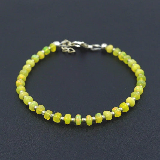 Yellow Opal Roundel Beads Bracelet, Natural Ethiopian Multi Fire Opal Gemstone Gift For Her