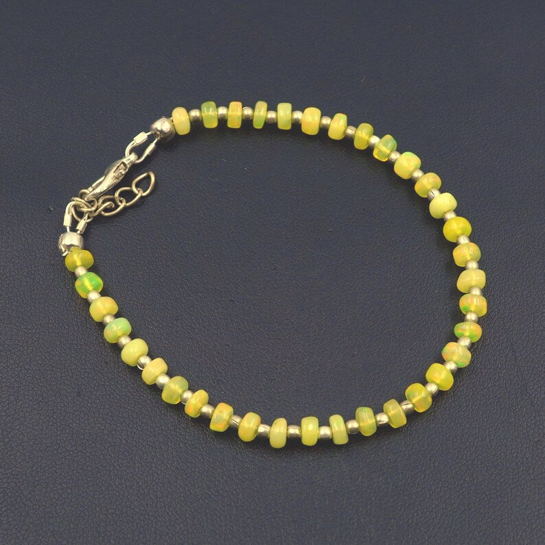 Yellow Opal Roundel Beads Bracelet, Natural Ethiopian Multi Fire Opal Gemstone Gift For Her