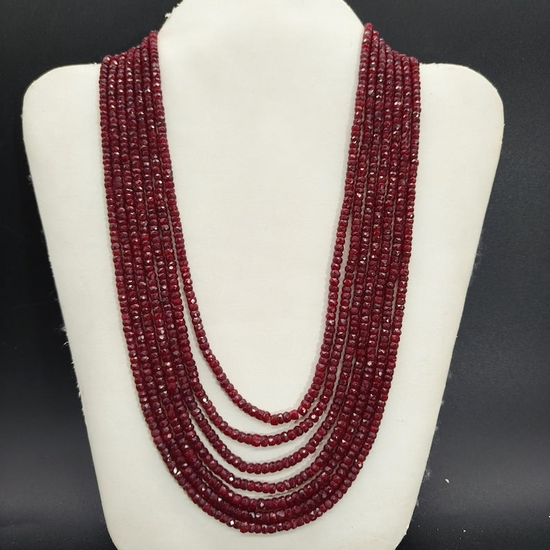Natural Mozambique Ruby Faceted Beads 7 Lines Necklace Set